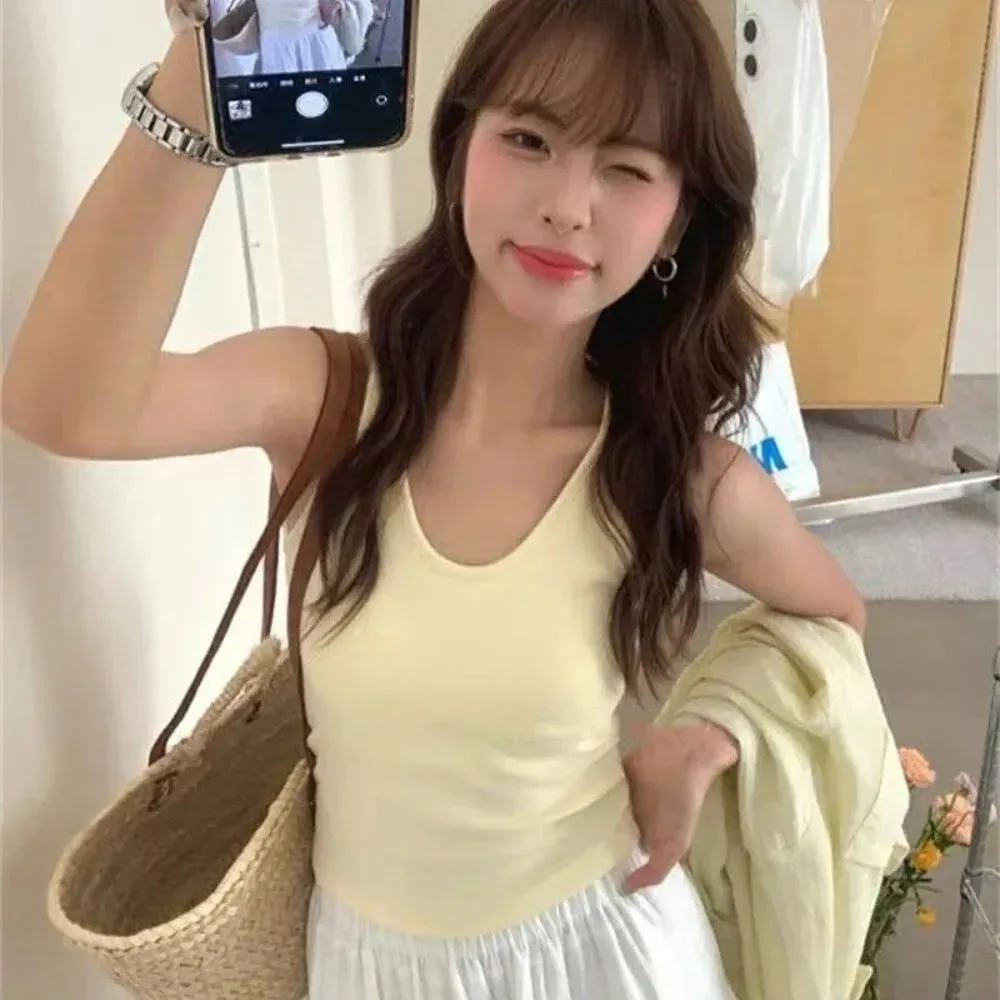 Estilo coreano com almofada no peito cinta colete u-pescoço cor sólida sem costas sem mangas superior emagrecimento feminino camis verão