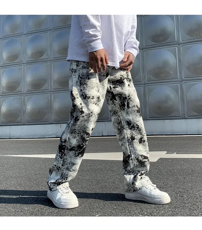 Calças de brim impressas unissex cintura elástica primavera 2025 esfregar calças jeans moda masculina estilo coreano alta rua solta calças hip hop