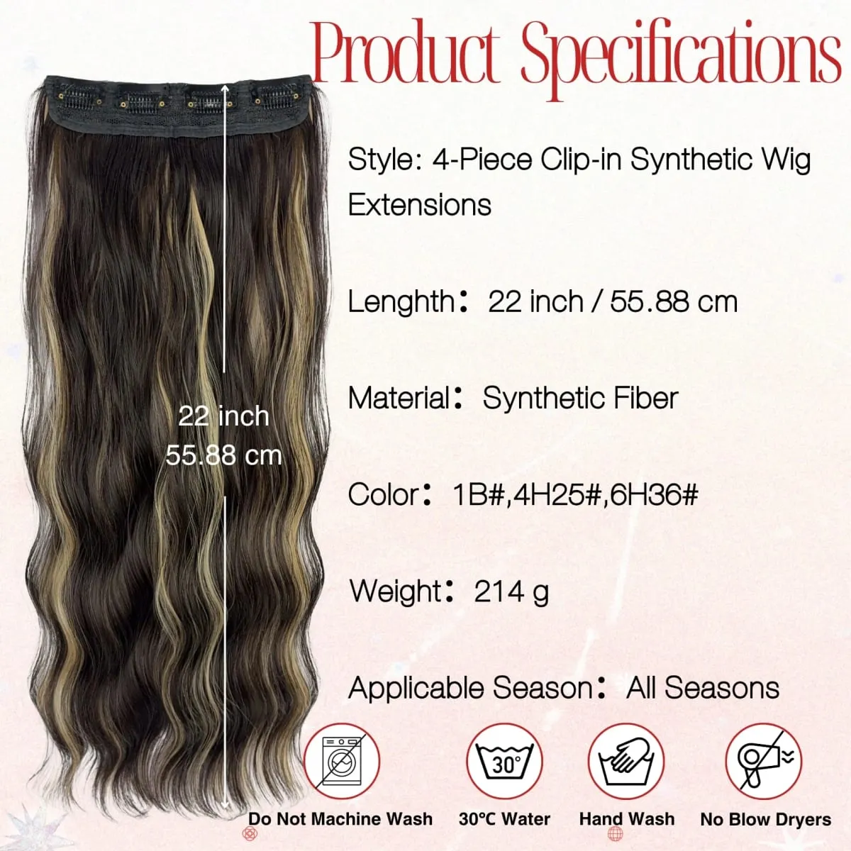 Conjunto de 4 peças de extensões de peruca sintética feminina, longo, ondulado, grosso, peças de peruca volumosa