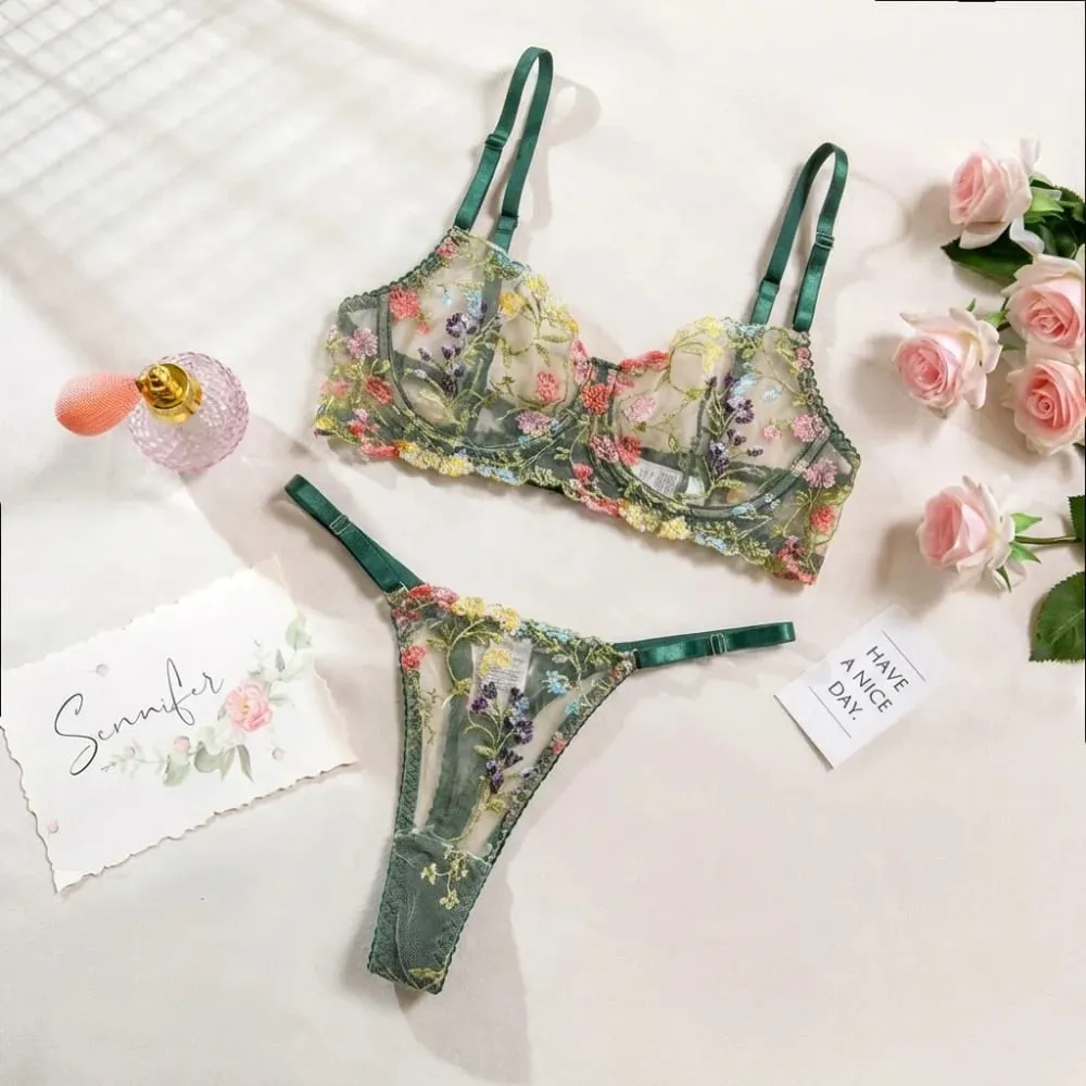 Conjunto de lingerie floral de 2 peças, roupa íntima transparente e versátil, íntima, bordado, sutiã push-up, conjunto de calcinha para mulheres e meninas — image 9