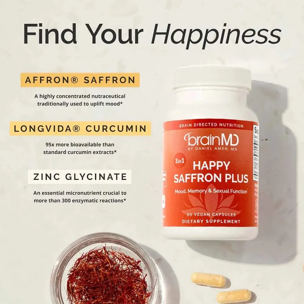 Happy Saffron Plus 情緒記憶補充品 - 90 粒膠囊 - 含藏紅花萃取物薑黃素和鋅 - 純素食無麩質