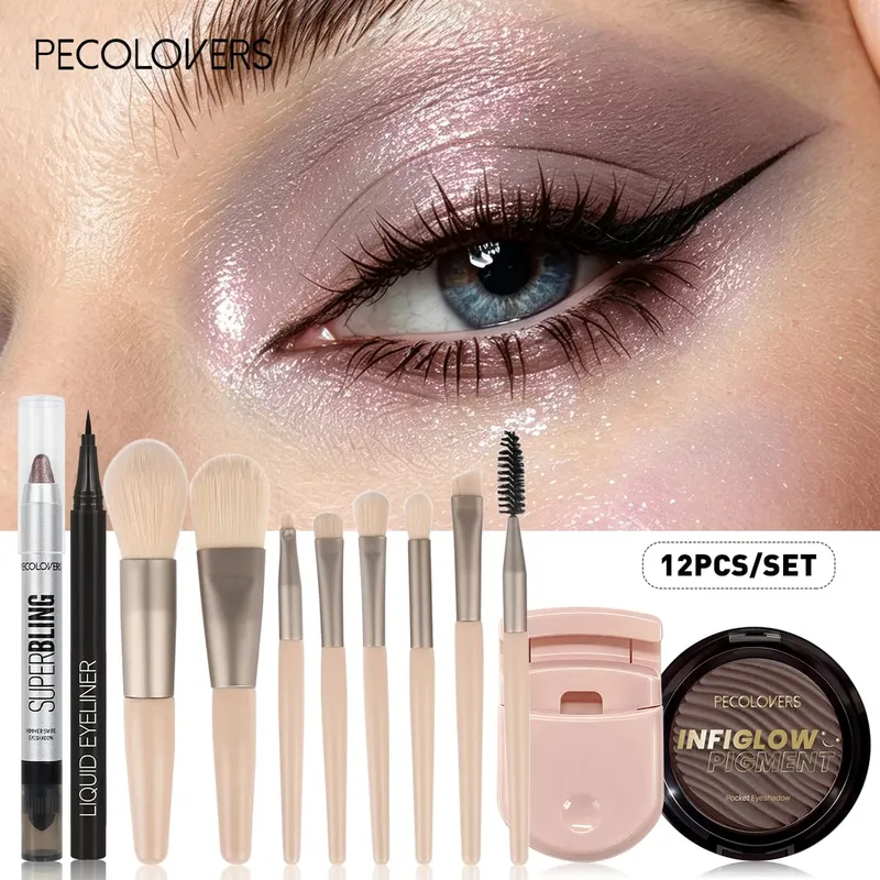12PCS/SET Shimmer Eye Shadow Pen & Palette Liquid Eyeliner Lash Curler Eye Makeup Brushes Durable/Waterproof/Long Lasting