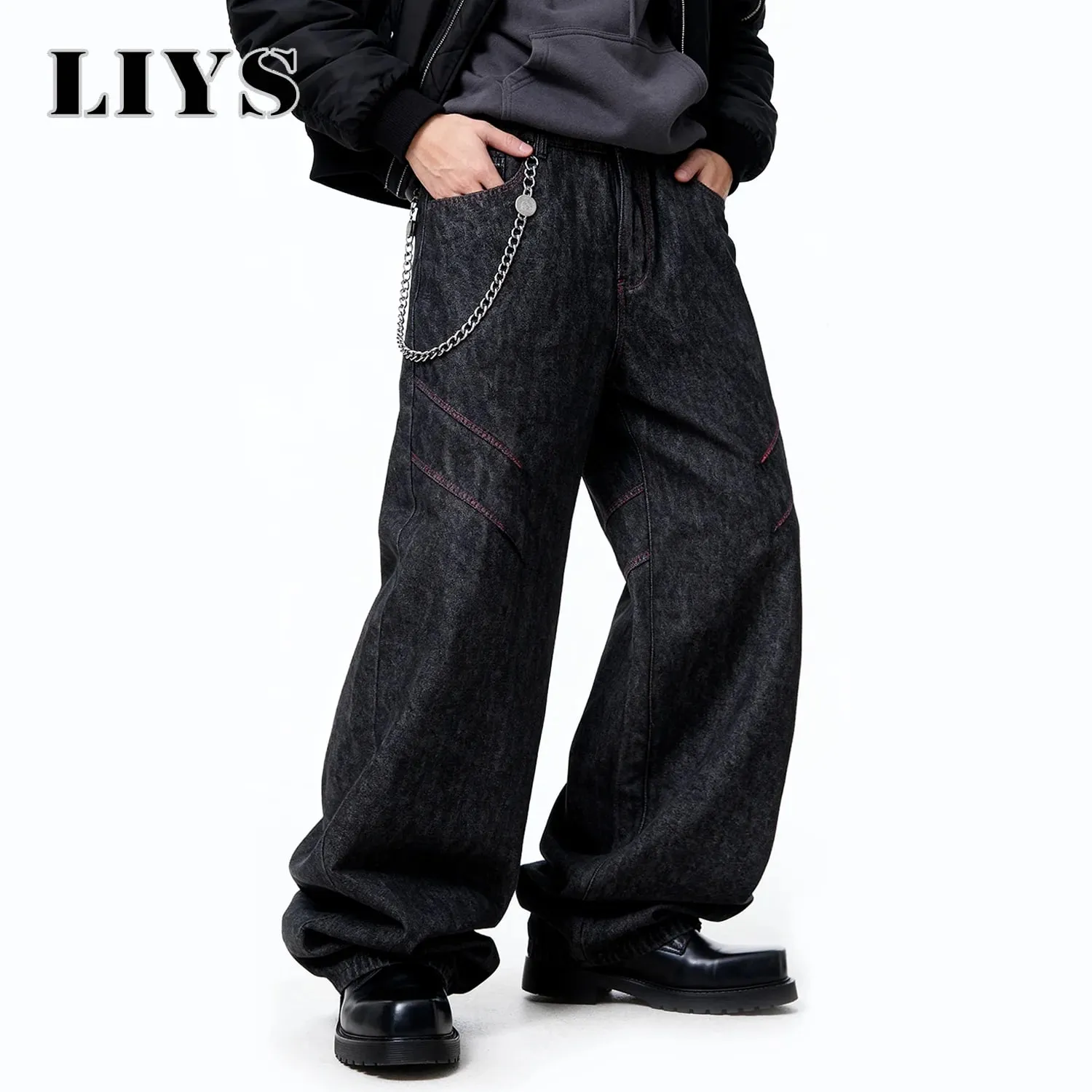 Quatro estações americano retro masculino preto baggy perna larga jeans básico negócios casual solto calças jeans unissex rua jeans