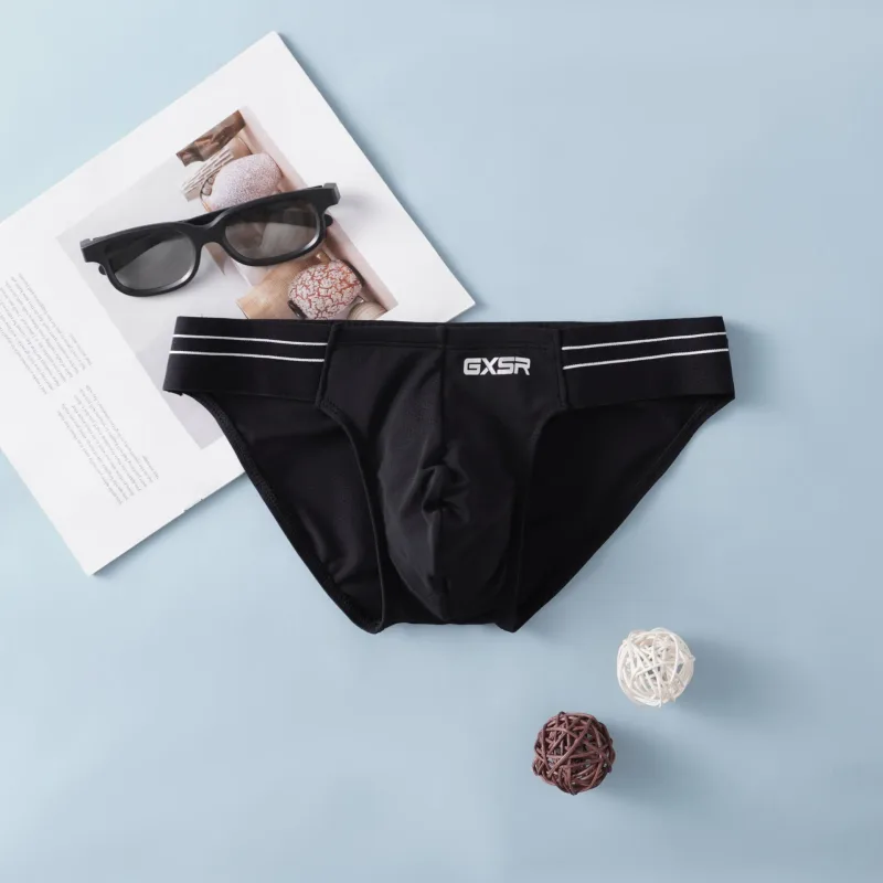 Solid color splicing side waist high fork men's briefs threaded ice silk fashionable low waist men's underwear