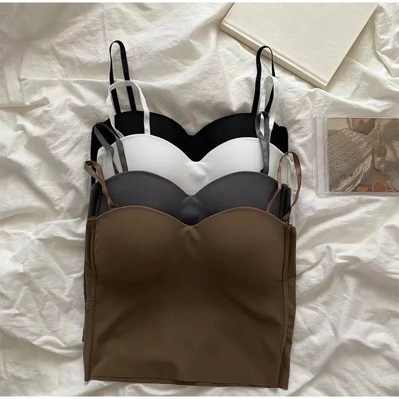 Ladies Thin Ice Silk Camisole Vest French Back Integrated Fixed Cup Traceless Vest Inside Match Outside Wear Short Hot Girl Top