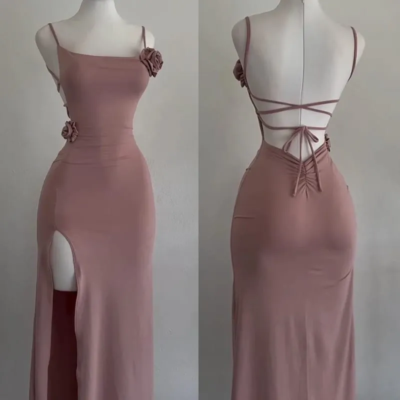 Sexy sem mangas vestido de fenda a céu aberto elegante tridimensional rosa vestido fino 2025 verão moda senhoras festa clube vestidos — image 2