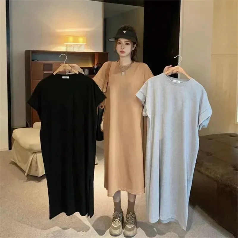 Solto casual cor sólida vestido confortável solto tamanho grande camisa de manga curta vestido de verão para casa vestidos longos