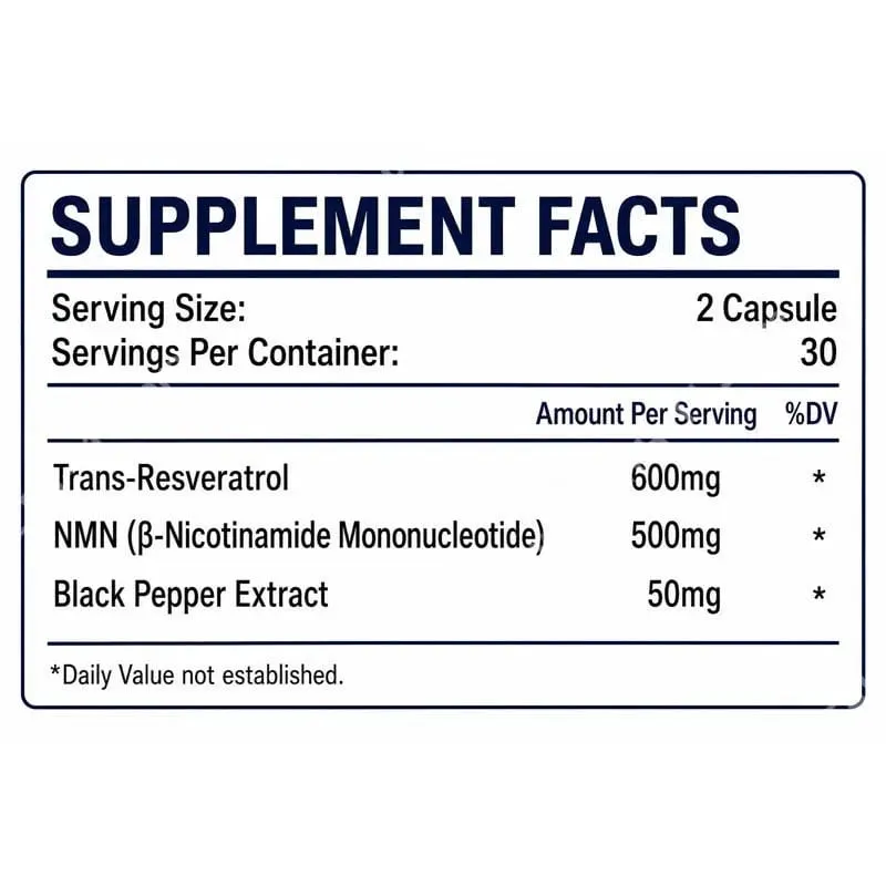 NMN & Resveratrol Cápsulas Suplemento Complexo Antioxidante com Extrato de Pimenta Preta 1100mg 60 Cápsulas — image 2