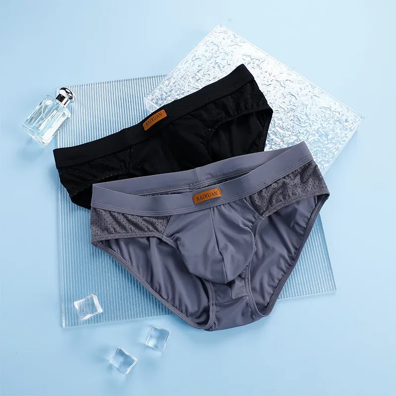 Cuecas masculinas de malha de seda gelo de verão, secagem rápida, bolsa em u, virilha separada, roupa íntima respirável, design triangular para conforto