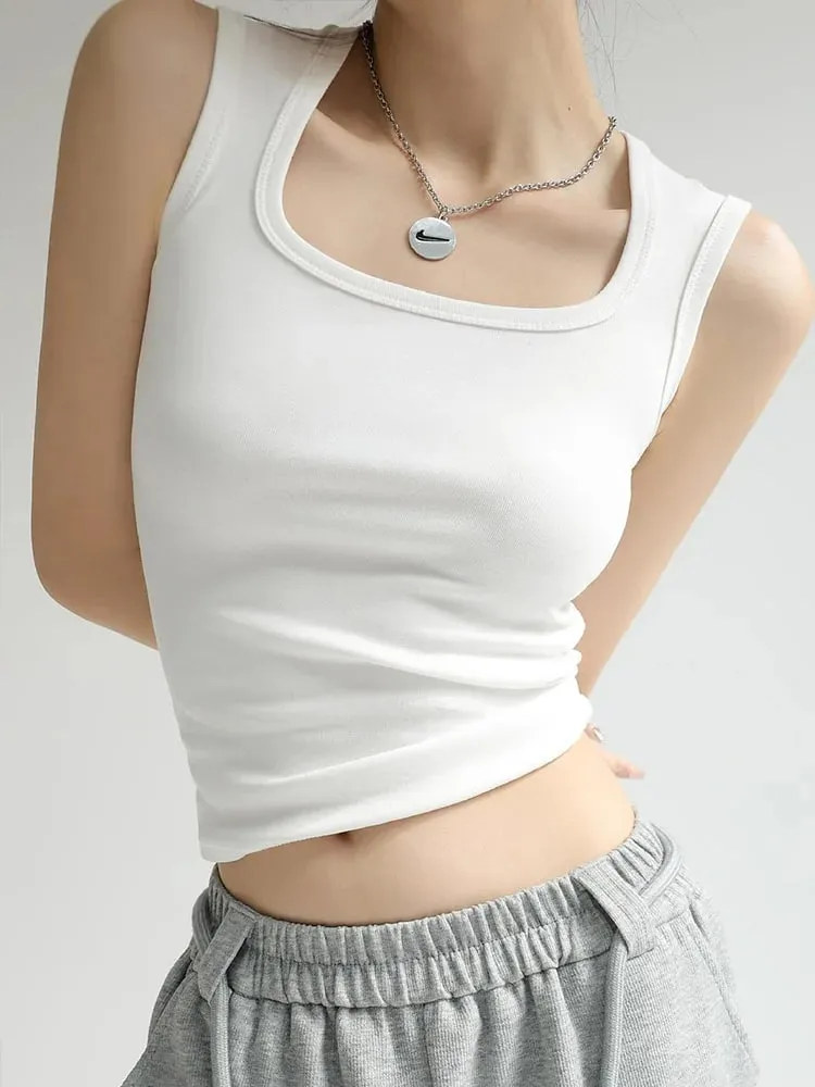 女款純色 U 領羅紋背心吊帶背心女式夏季基本款彈性背心 U 領純色背心