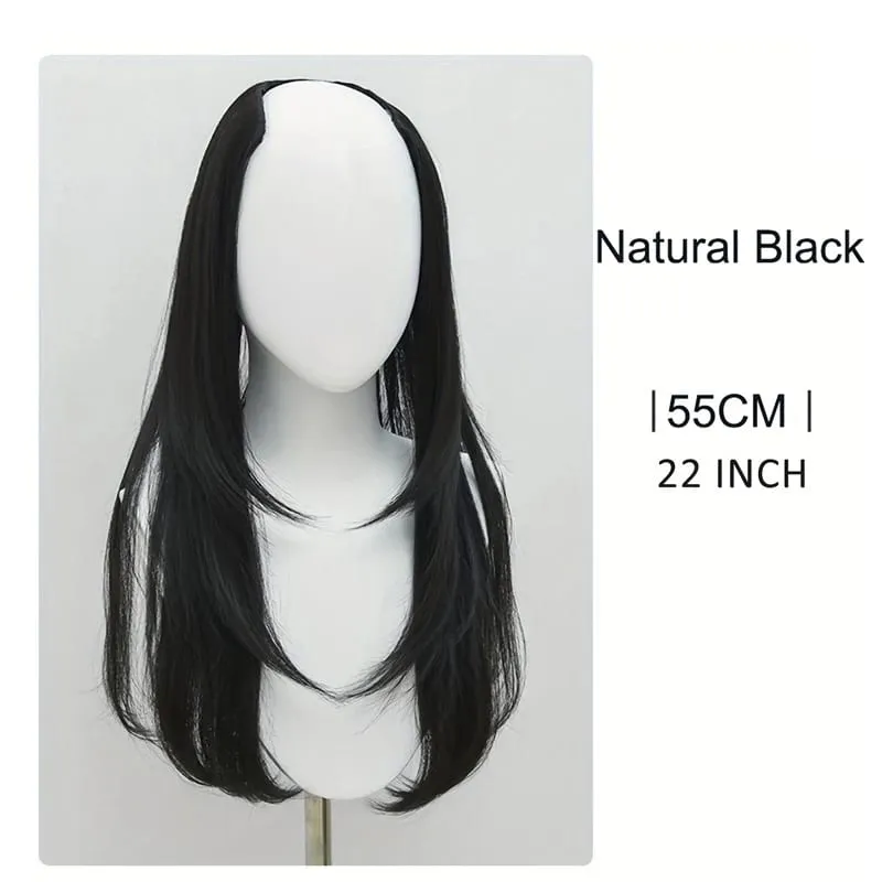 Extensões de cabelo sintético de 22 polegadas combina bem camadas longas retas onduladas em forma de V apliques de cabelo marrom