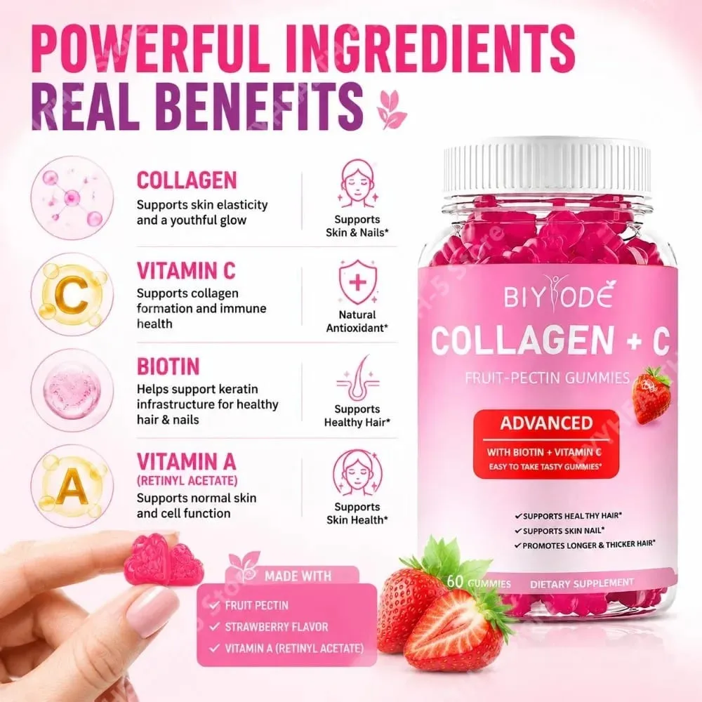 Gomas de Colágeno + C Frutas-Pectina com Vitamina C Antioxidante Natural Suporta Cabelo, Pele e Unhas Saudáveis 60 Gomas — image 4
