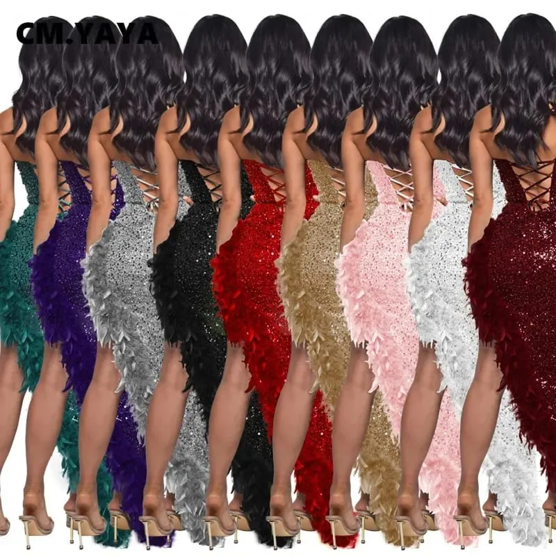 yaya feminino lantejoulas sem alças pena alta lateral divisão sem alças bodycon midi maxi vestido sexy clube até vestidos de festa