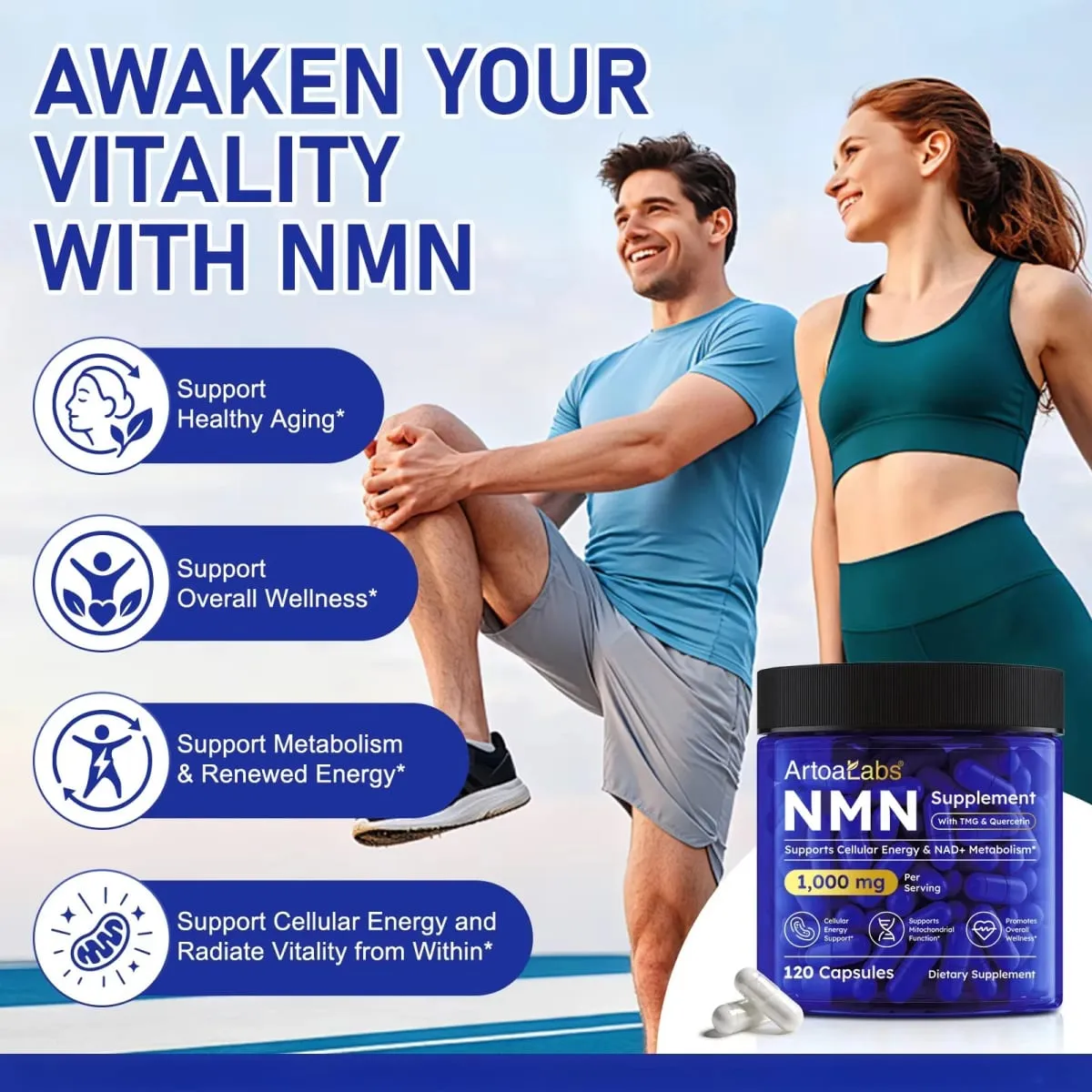 Cápsulas NMN NAD + e suporte de energia celular com TMG Quercetina Resveratrol Função mitocondrial e saúde antioxidante 120 contagens