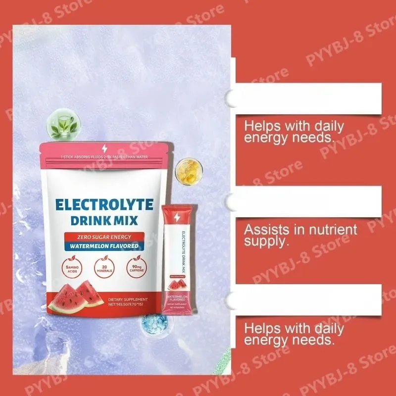 Pó eletrolítico de melancia com zero açúcar e 90mg de cafeína, aminoácidos, minerais, vitaminas, fornece reposição de energia, 15 bastões