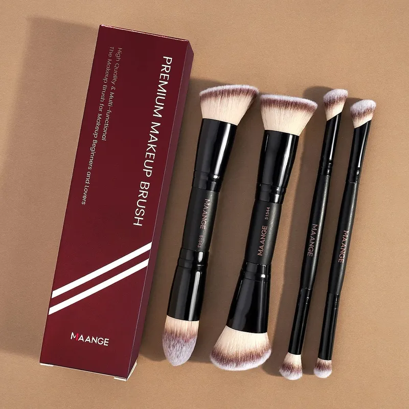 Conjunto de pincéis de maquiagem de ponta dupla, 4 unidades, com caixa, bases, pó, blush, sombra, pincel básico, viagem para iniciantes