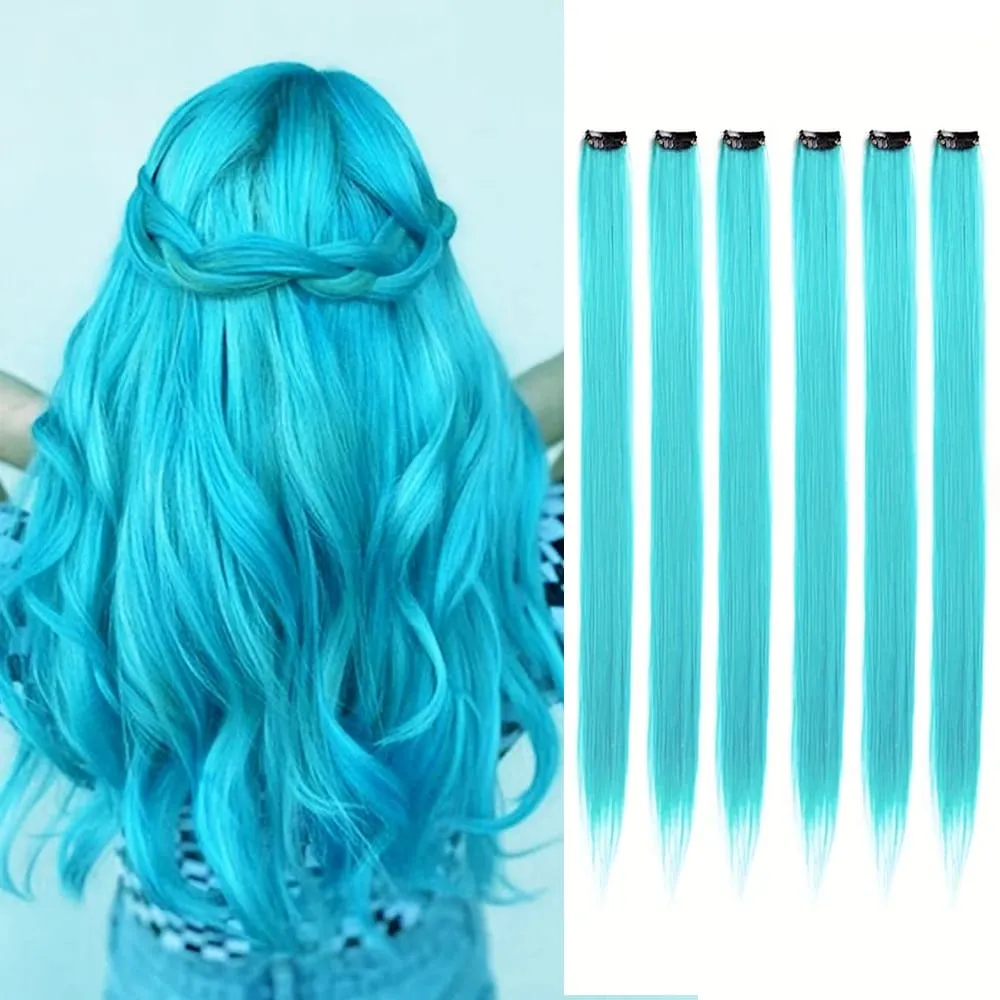6 unidades/pacote colorido festa destaques clipe em extensões de cabelo 22 polegadas multi-cores cabelo liso sintético postiços — image 18