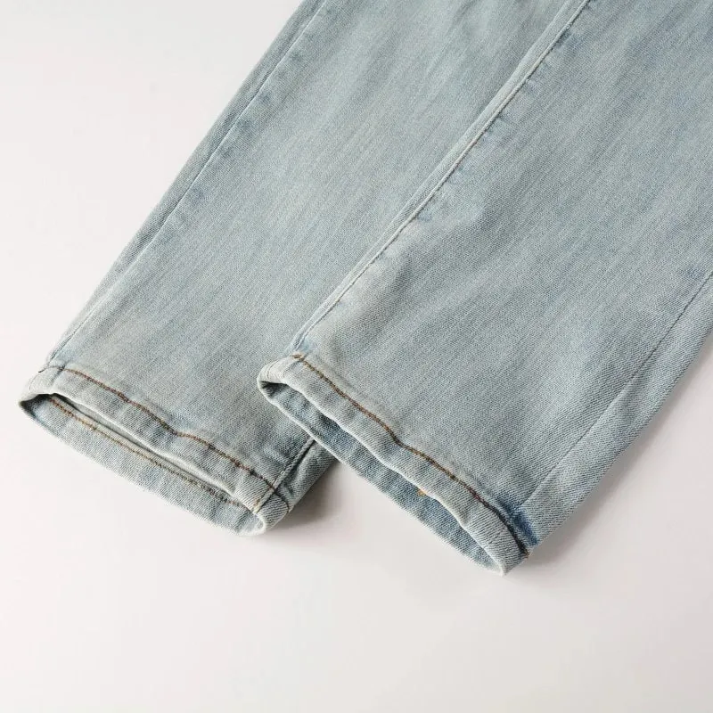 Homens rachados remendo estiramento jeans buracos rasgados retalhos calças streetwear azul claro magro calças cônicas