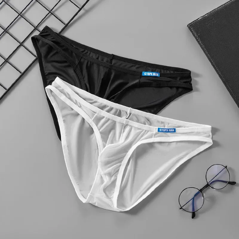 Cueca masculina sexy fina de seda gelo translúcida cuecas u bolsa ropa interior hombre calcinha masculina