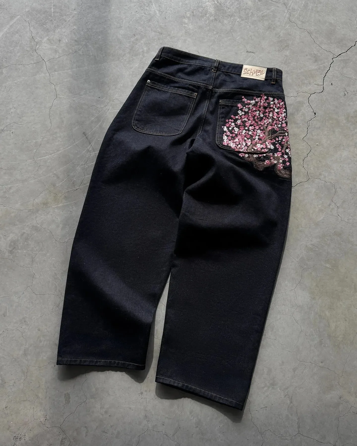 Harajuku retalhos flor de cerejeira bordado calças jeans y2k vintage feminino baggy em linha reta perna larga jeans rua roupas masculinas