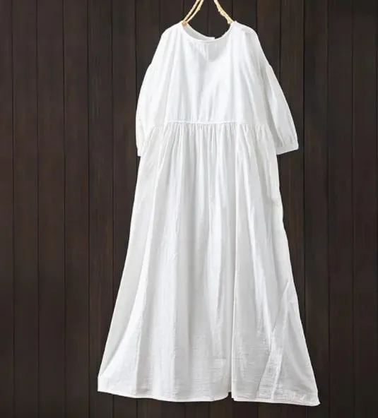 Johnature vestidos femininos de algodão vintage, gola redonda, meia manga, macio, cor sólida, roupões, verão 2025, novo, casual, linha a, vestido feminino — image 10