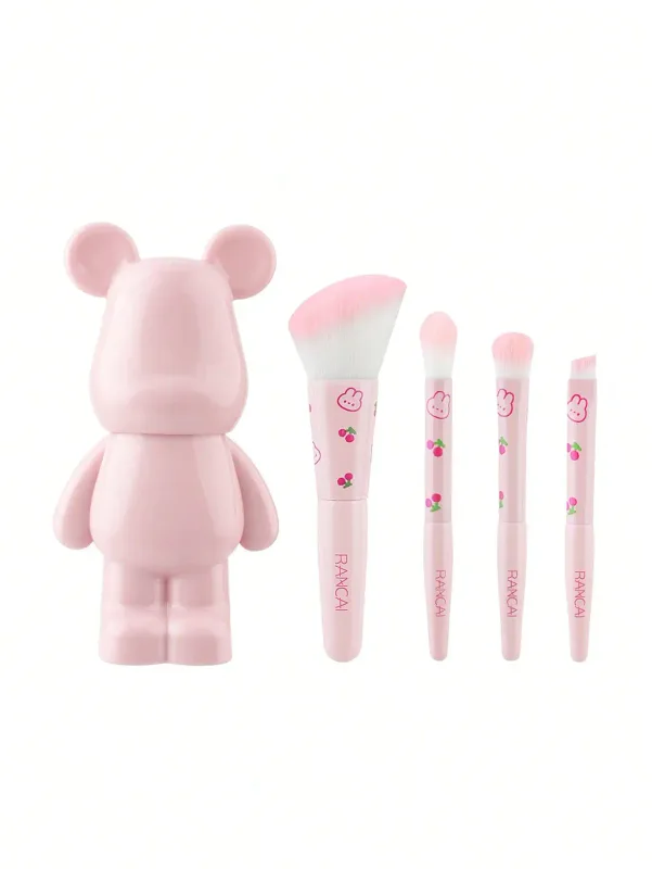 Conjunto de pincéis de maquiagem com estampa de cereja, 4 unidades, com estojo de armazenamento em forma de urso fofo, cerdas macias, blush, sombra, detalhes, kit de pincéis de maquiagem