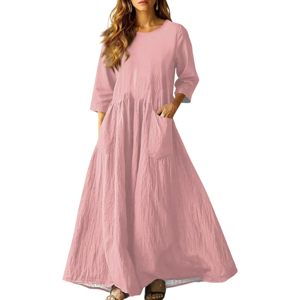 Women's Summer Loose Long Dresses Solid Color Three-quarter Sleeve Double Pocket Dress Loose Round Neck Linen Dress Vestidos — image 3