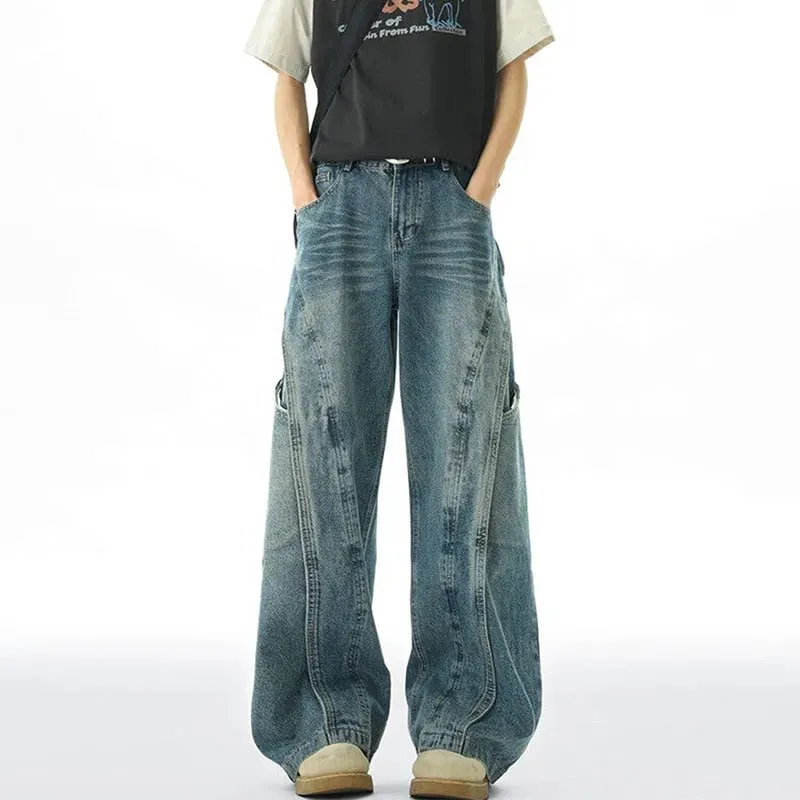 Calça jeans masculina curvada, versão coreana, com design retrô solto, perna reta, casual, bolso grande, perna larga