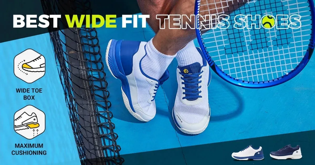 Tênis masculino FitVille de largura ampla 2E para treinamento de tênis profissional, respirável, leve e antiderrapante, equipado com suporte de arco para uso o dia todo