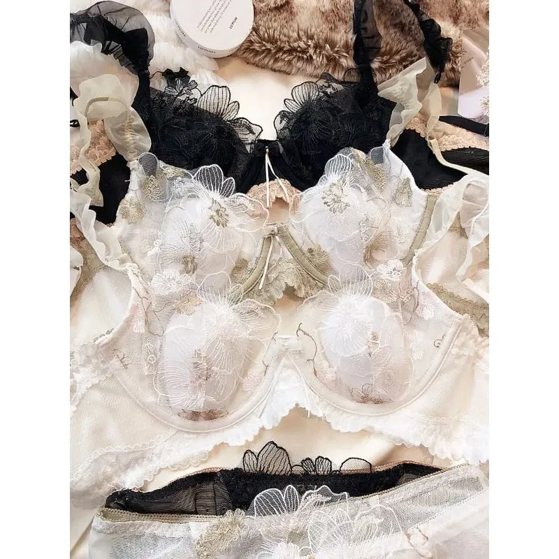 Francês elegante bordado renda minimizador sutiã suporte macio underwire coelho orelha copo sexy lingerie pura conjunto grande busto S-XL tushy