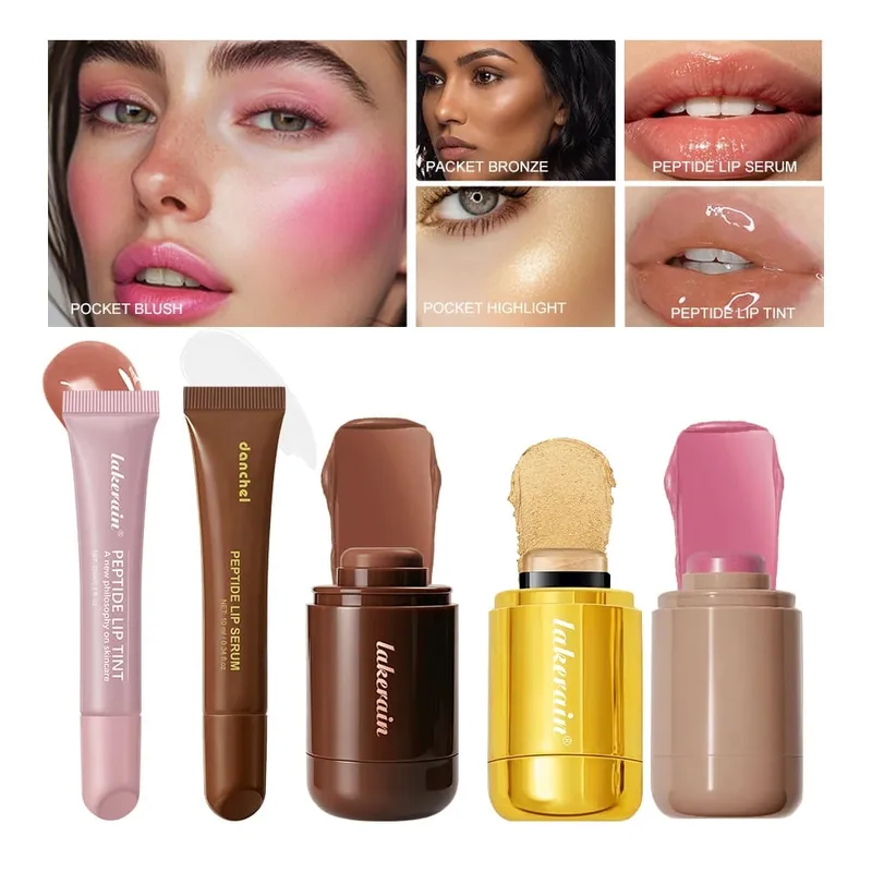 Conjunto de cosméticos multiface, 5 peças, bronzer, contorno, iluminador, blush, transparente, hidratante labial, esmalte para todos os tipos de pele