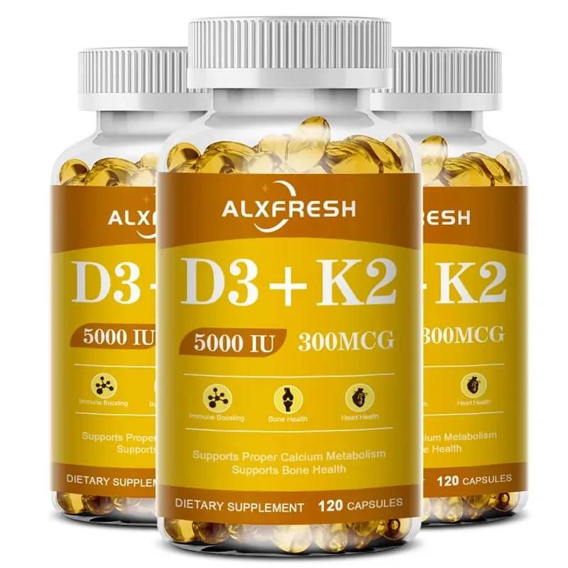 As cápsulas D3K2 apoiam a absorção de cálcio, fortalecem a saúde dos ossos e dos dentes e protegem os sistemas cardiovascular e imunológico