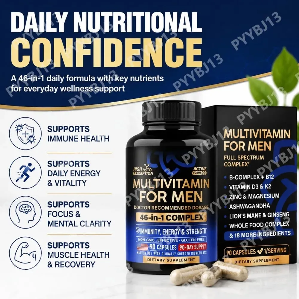 Multivitamínico para homens 90 cápsulas Complexo B B12 Vitamina D3 K2 Zinco Magnésio Mistura de extrato de planta Não OGM Suporte de nutrição diária
