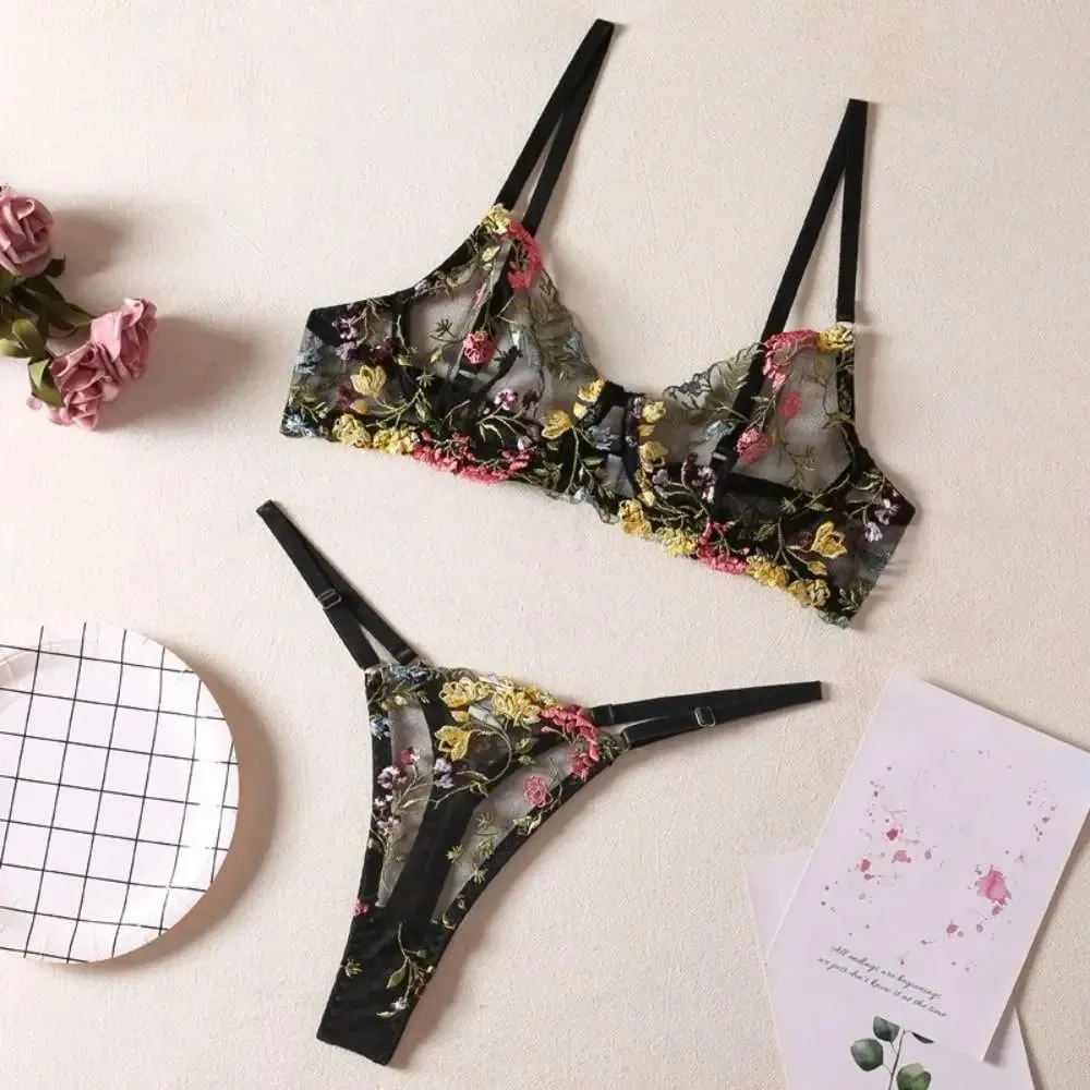 Versatile Transparent Lingerie Set Push Up Ultra-thin Panties Bra Set Elegant Embroidery Floral Underwear Girl