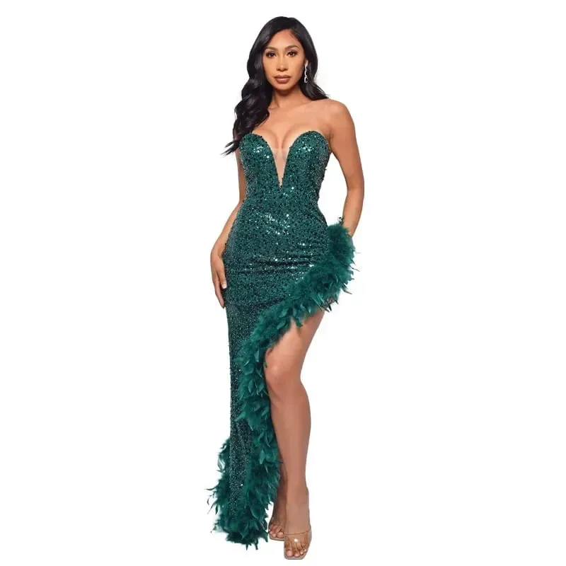 yaya feminino lantejoulas sem alças pena alta lateral divisão sem alças bodycon midi maxi vestido sexy clube até vestidos de festa