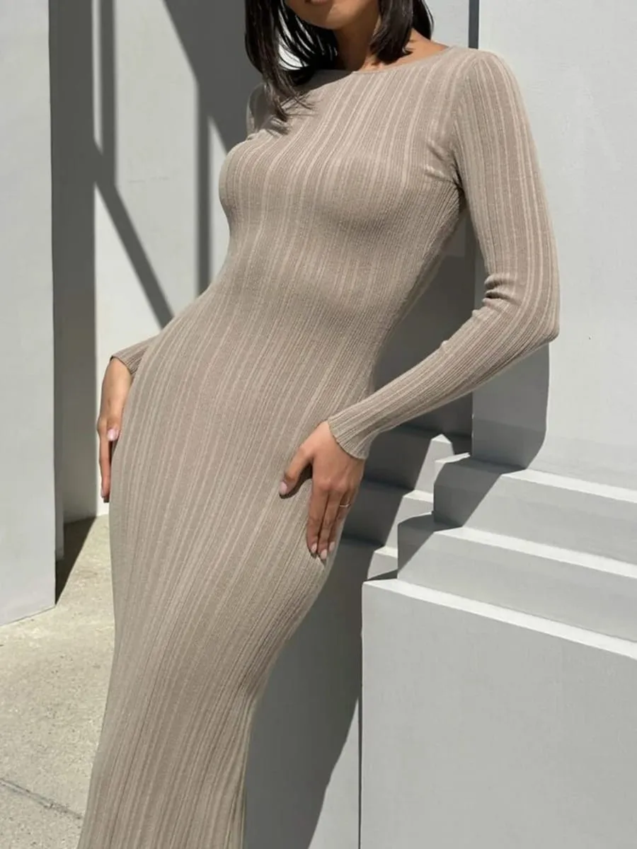 Women Spring Autumn Solid Color Bodycon Knit Dress Long Sleeve Crew Neck Ribbed Dress Slim Fit Long Dress