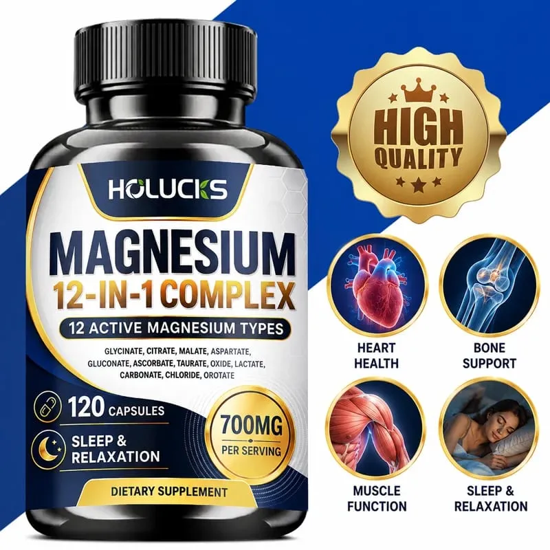 Cápsulas complexas de magnésio 12 em 1 - suplemento para saúde óssea e cardíaca, suporte para sono, relaxamento muscular, estresse e alívio de ansiedade
