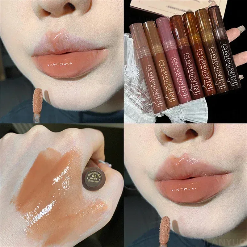 Espelho aguado chocolate brilho labial longa duração hidratante cristal geléia lábio matiz batom natureza nude lábios maquiagem cosméticos