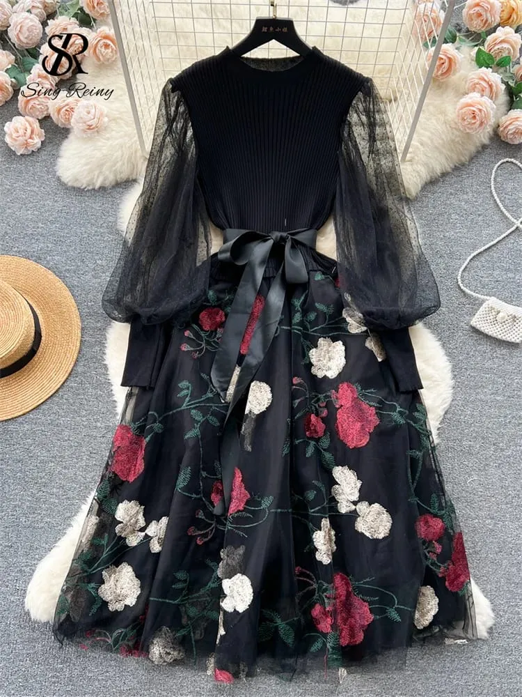 Sênior malha retalhos vestido longo lanterna mangas arco malha bordado floral feminino outono frança elegante vestido de festa