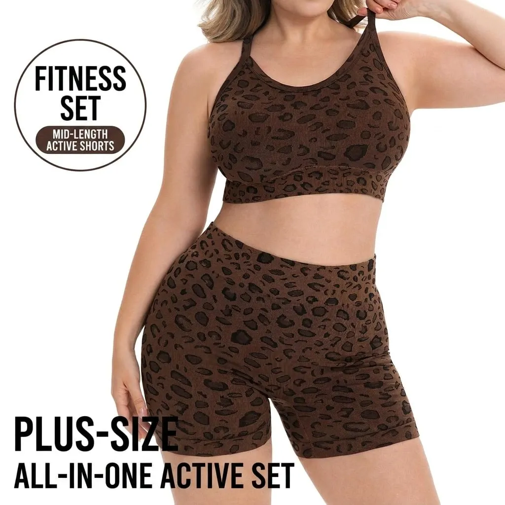 Conjunto feminino plus size com estampa de leopardo, cintura alta, controle de barriga, shorts acolchoados, sutiã esportivo, 2 peças, academia, yoga, corrida
