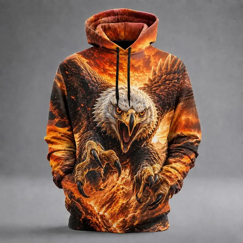 Men's Eagle 3D Printed Hoodie, Lightning Storm Eagle Graphic Sweatshirt, All Over Print Long Sleeve Pullover Streetwear