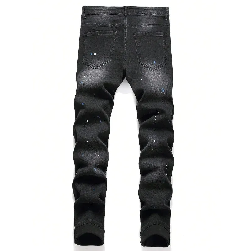 2025 outono novo estiramento jeans moda rasgado retalhos magro europeu americano calças masculinas pintura dot hip hop denim calças — image 3