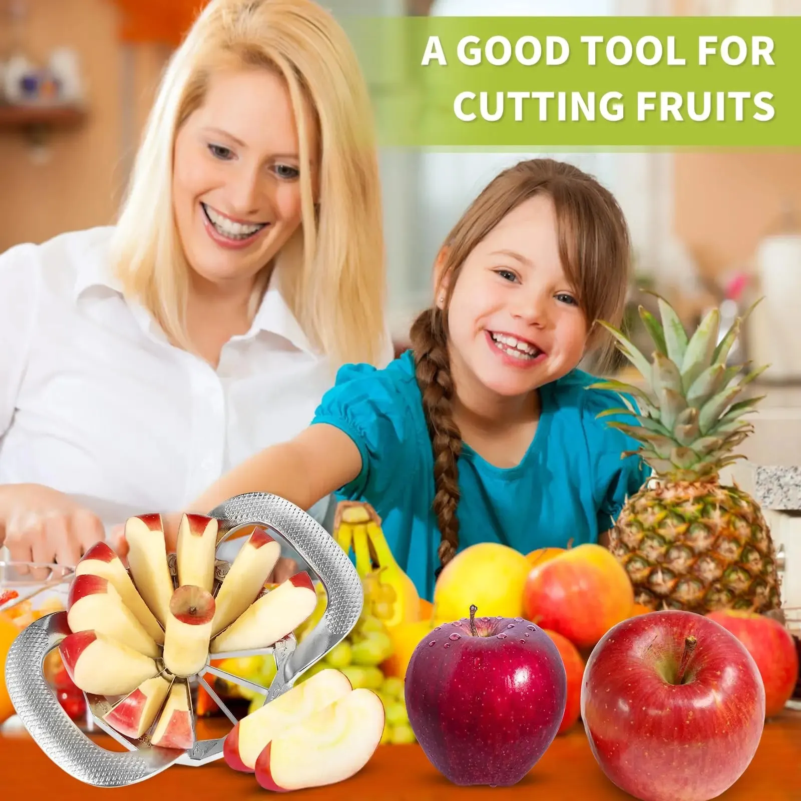 Cortador de frutas com 12 lâminas, cortador de maçã extra grande, fácil de usar, economiza tempo, cortador e divisor de maçã em aço inoxidável resistente