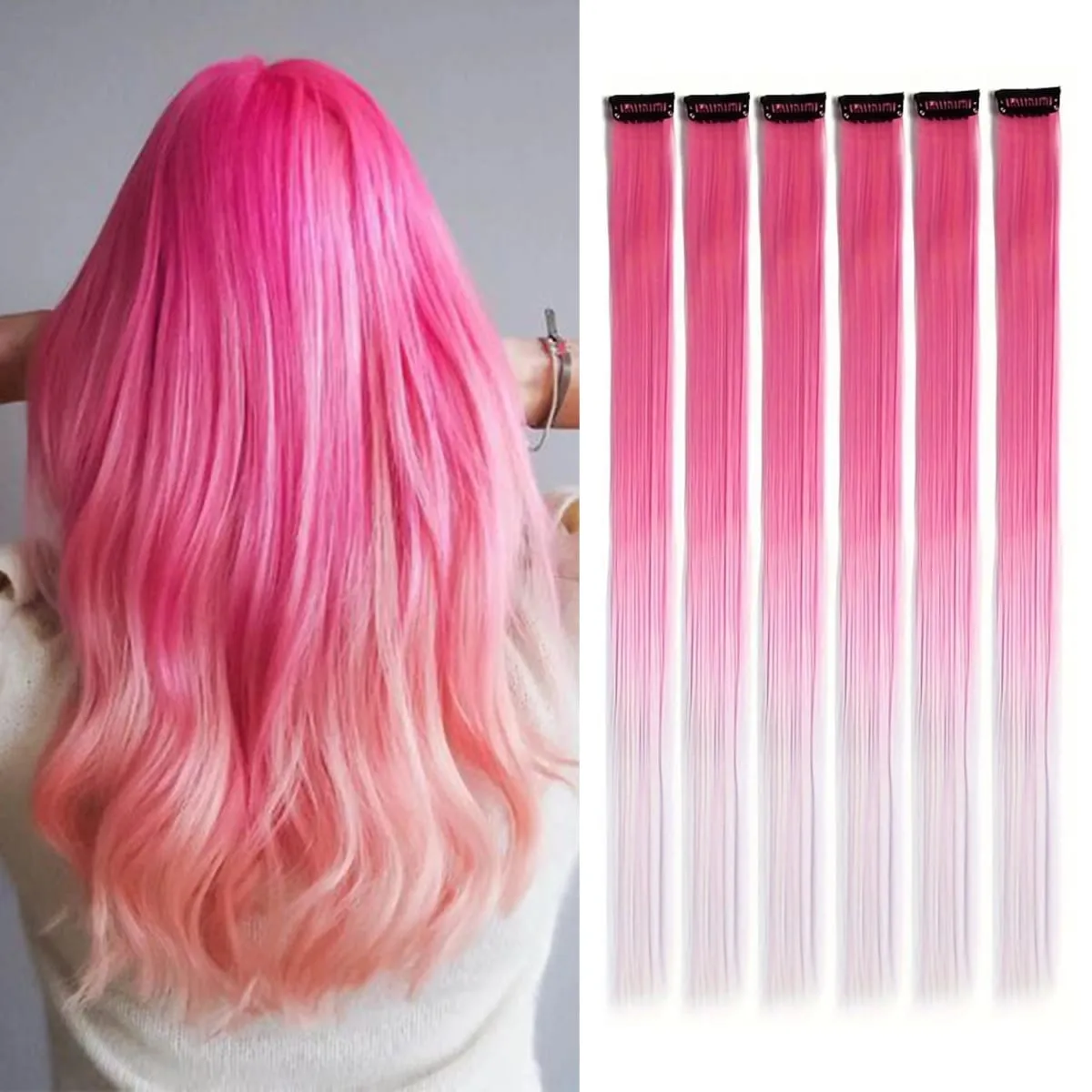 6 unidades/pacote colorido festa destaques clipe em extensões de cabelo 22 polegadas multi-cores cabelo liso sintético postiços — image 25