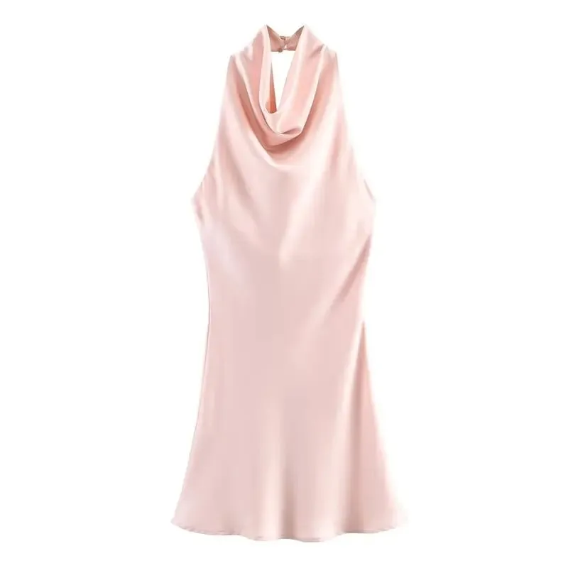Silk Satin Texture Summer New Arrival Women's Dr Hanging Ne Collar Gown Soft A-Line Skirt High Waist Pure Color