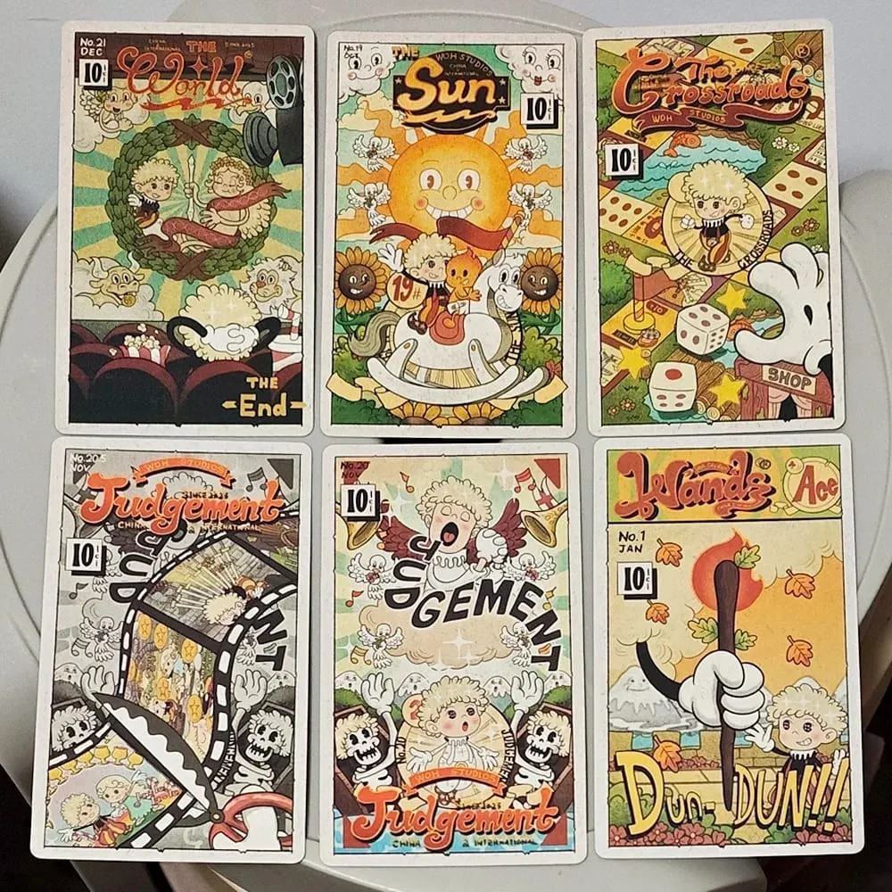 Baralho de tarô com mangueira de borracha vintage, 12*7cm, em relevo duplo, em caixa rígida, 78 cartas de tarô de arte de desenhos animados antigos