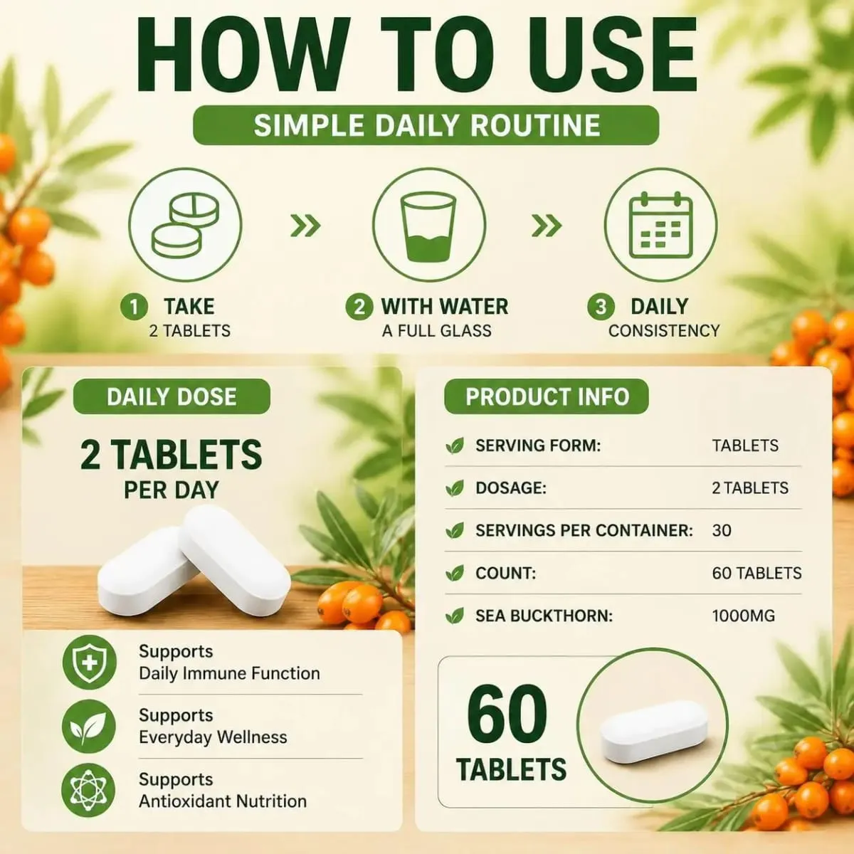 Docteat Sea Buckthorn 1000mg Comprimidos Diariamente Função Imune Suporte Nutrição Antioxidante Vitamina C Zinco Vitamina D3 60 Comprimidos