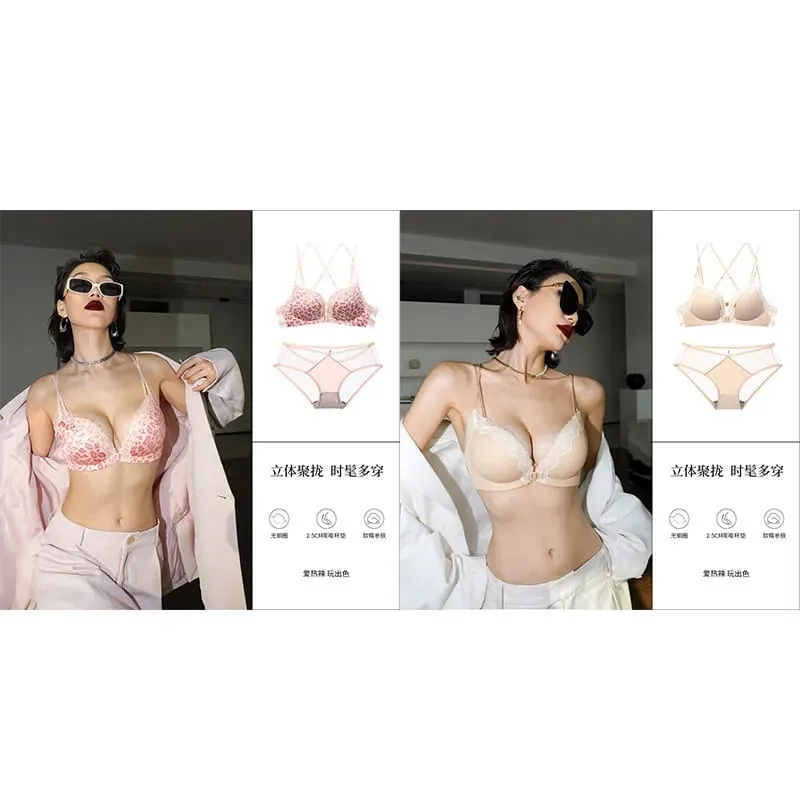 Victoria estilo moyisu rosa leopardo conjunto de sutiã sem fio frente gancho design push up bralette sexy lingerie traseira para impulsionar pequeno busto