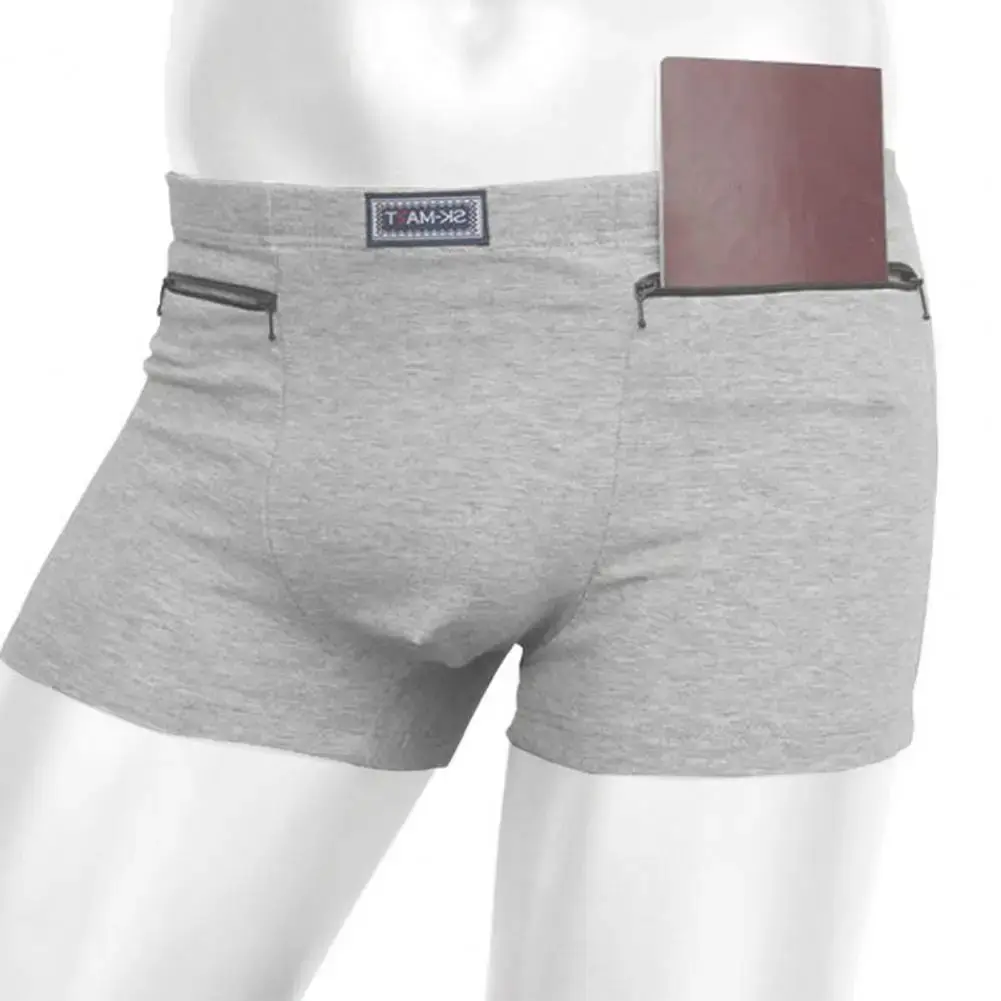男士口袋防盜內褲平角無縫彈性內褲純色 U 型凹凸男短褲內褲日常穿著