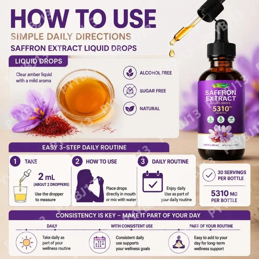Gotas líquidas de extrato de açafrão 117mg por porção para antioxidante, humor equilibrado, sono saudável e suporte de conforto pré-menstrual 60ML
